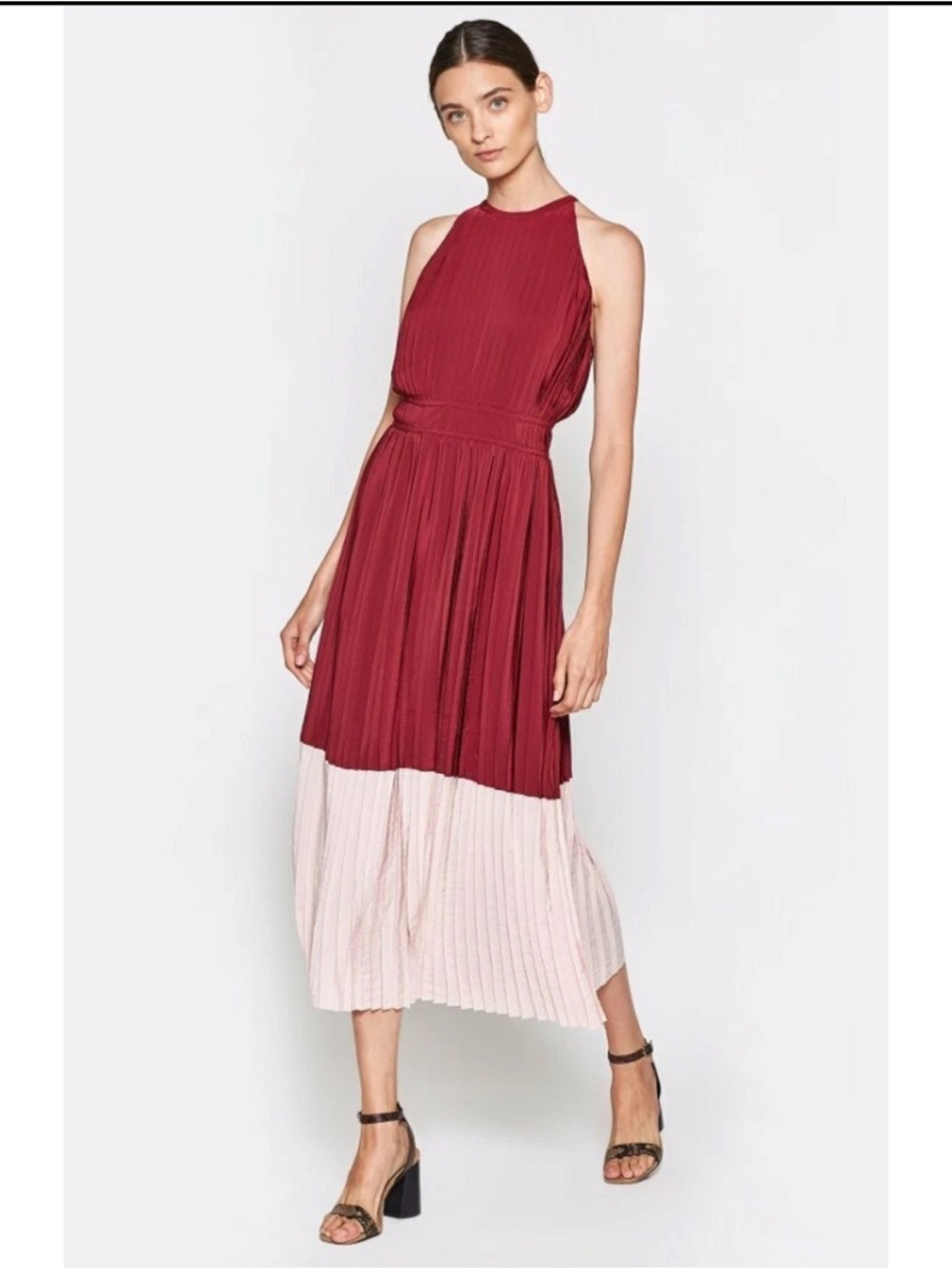 Joie Two-Tone Pleated Midi Dress in Wine & Blush Size 8 NEW